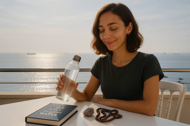 A woman sitting by the sea holding a glass water bottle, journaling with gratitude and awareness for Day 1 of 365 Days Healing with Water.
