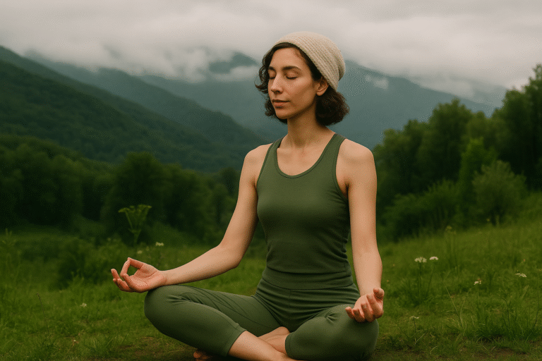 A calm scene symbolizing breath and connection, soft under a serene sky