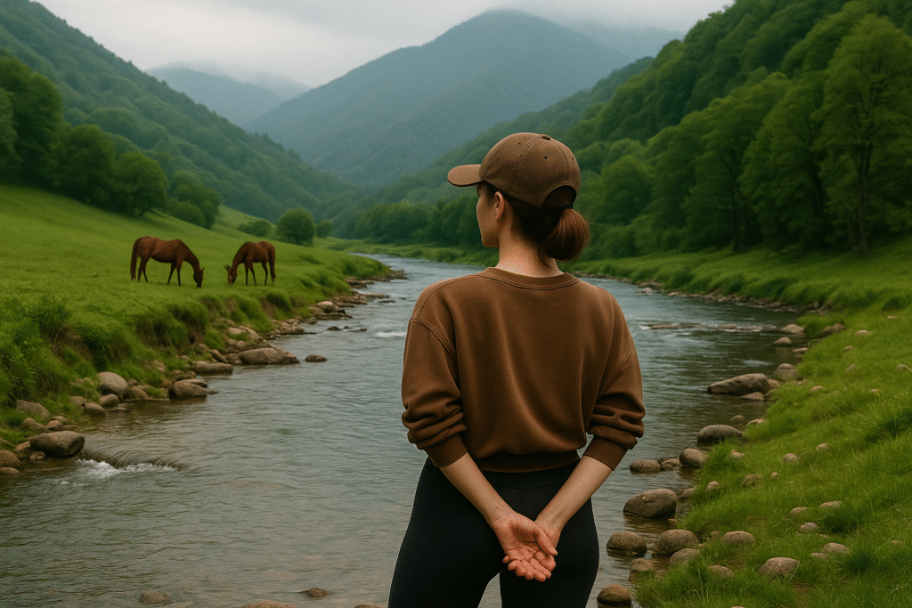 A woman stands quietly beside a flowing mountain river, hands gently clasped behind her back. Two horses graze in the distance under misty green hills. The calm landscape reflects the theme of “Flowing with Change” — moving gently through life’s obstacles, like water.