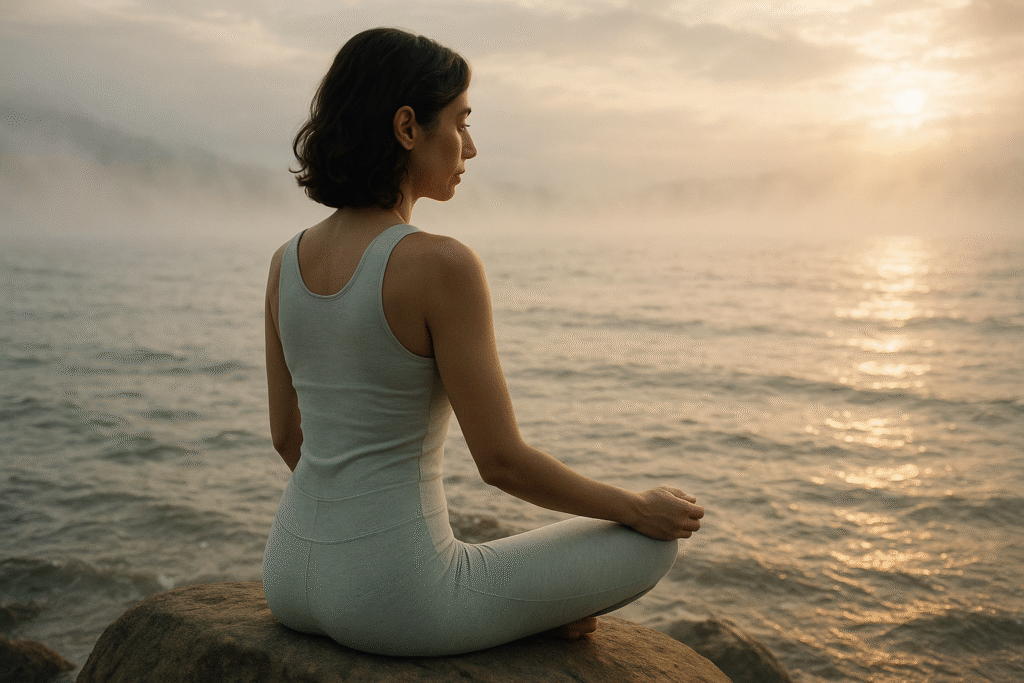 A woman sits quietly by a gently flowing sea, surrounded by soft morning mist. Dressed in light yoga clothes, she observes the movement of water with a calm, mindful presence. The scene reflects the theme “Stillness in Motion” — finding peace within change and movemen.