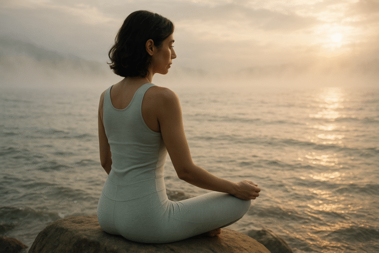 A woman sits quietly by a gently flowing sea, surrounded by soft morning mist. Dressed in light yoga clothes, she observes the movement of water with a calm, mindful presence. The scene reflects the theme “Stillness in Motion” — finding peace within change and movemen.