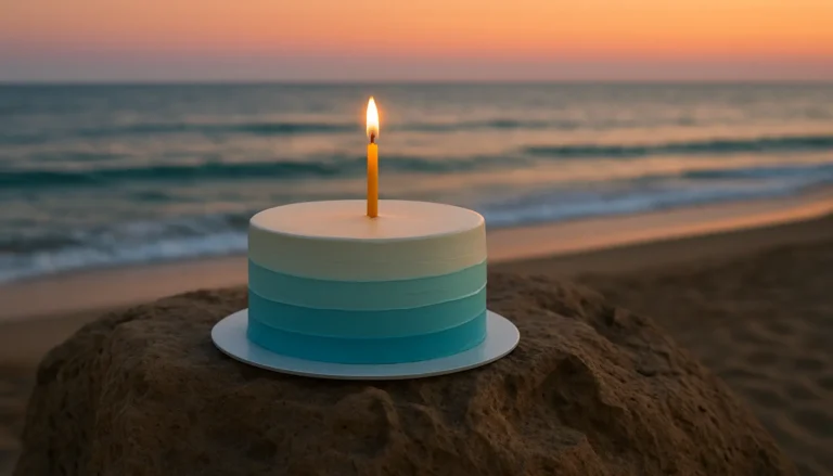 Small cake with a lit candle by the ocean on the sand