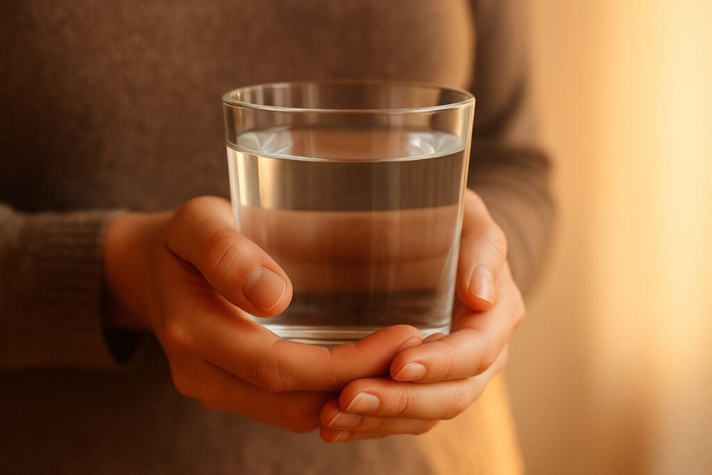 A close-up of a person's hands gently holding a clear glass of water in warm, natural lighting.
