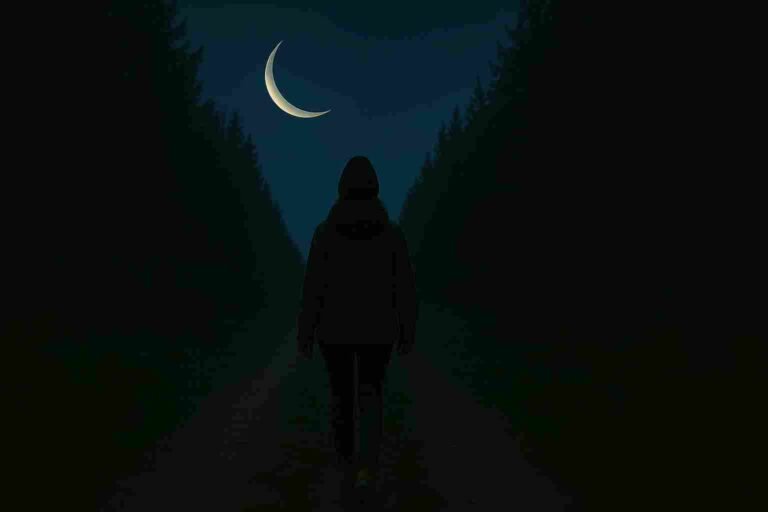 A solitary person walking along a forest path under a crescent moon at night, surrounded by tall trees and soft moonlight.