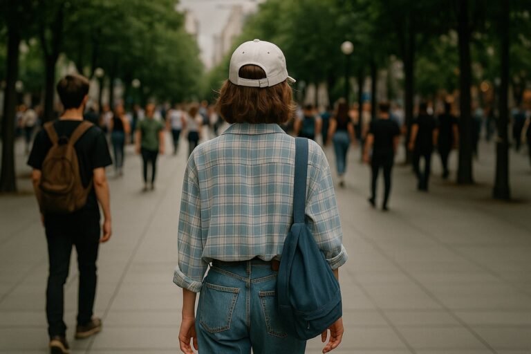 A young woman walking calmly down a tree-lined street, wearing a white cap, plaid shirt, and blue jeans, symbolizing mindfulness and balance in daily life.