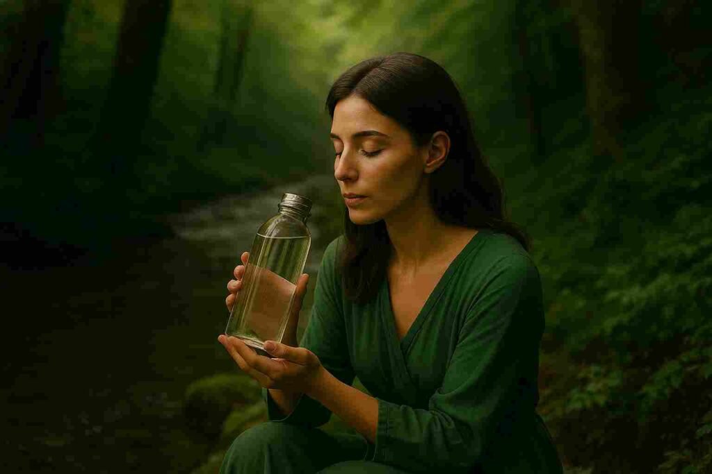 A serene woman in a green dress sitting by a forest stream, holding a glass bottle of water with eyes closed in meditation.