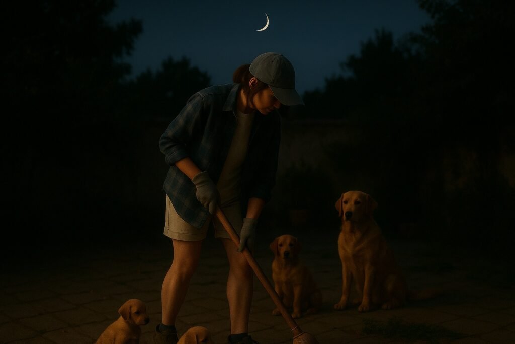 A woman sweeping a yard under a crescent moon while surrounded by golden retrievers and puppies at night.