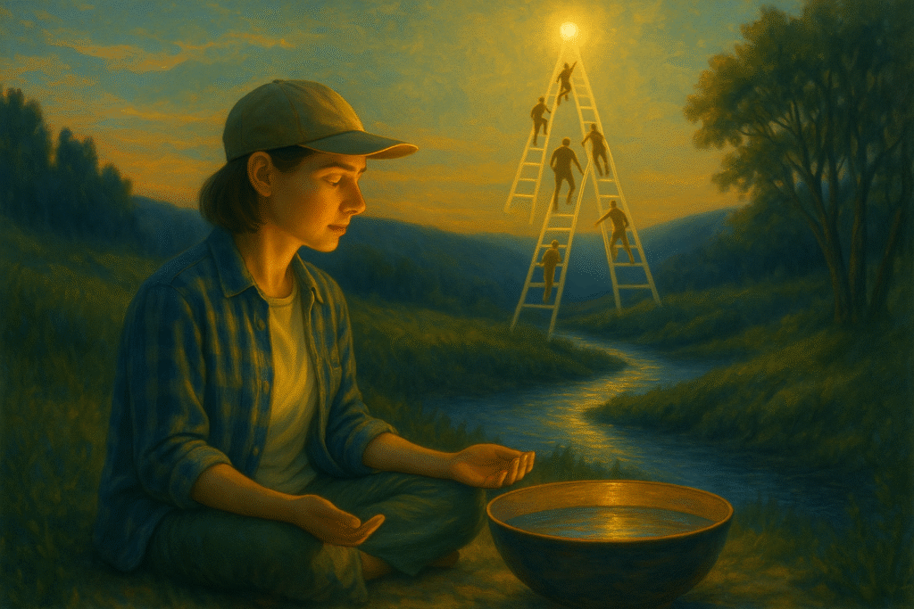 A young woman meditating beside a glowing bowl by a river at sunset, while figures climb illuminated ladders toward a bright light in the sky.