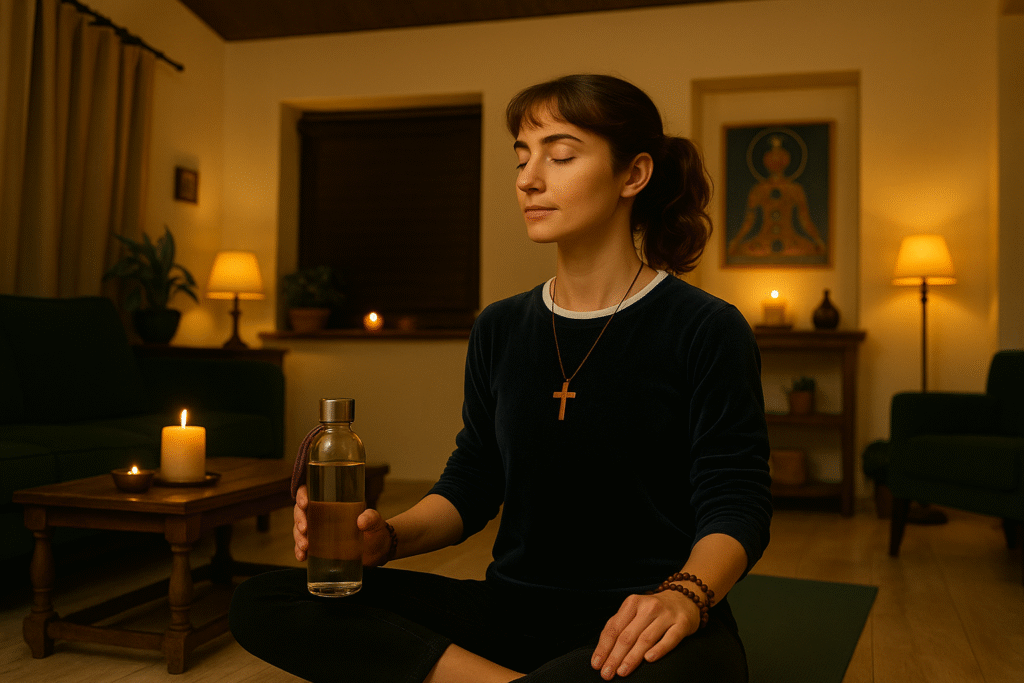 A woman meditating indoors on a yoga mat, holding a glass water bottle, surrounded by warm candlelight and calming spiritual decor.