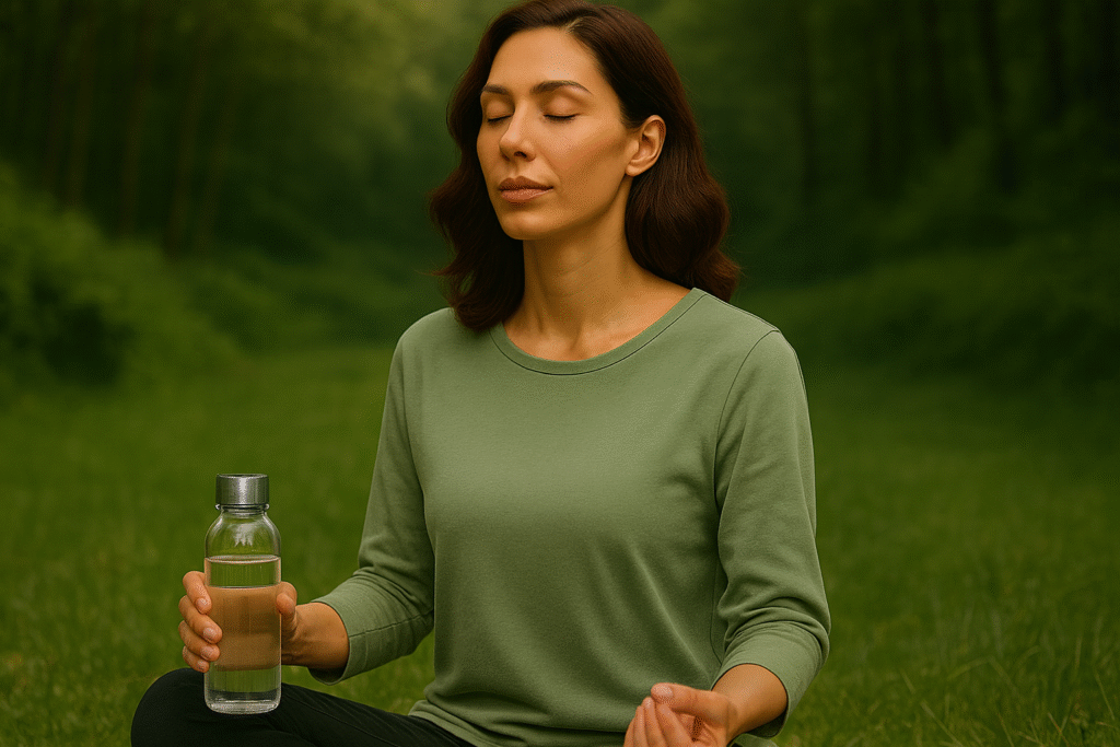 A woman with closed eyes meditating in a green forest while holding a glass water bottle, wearing a sage-green shirt and sitting peacefully on the grass.