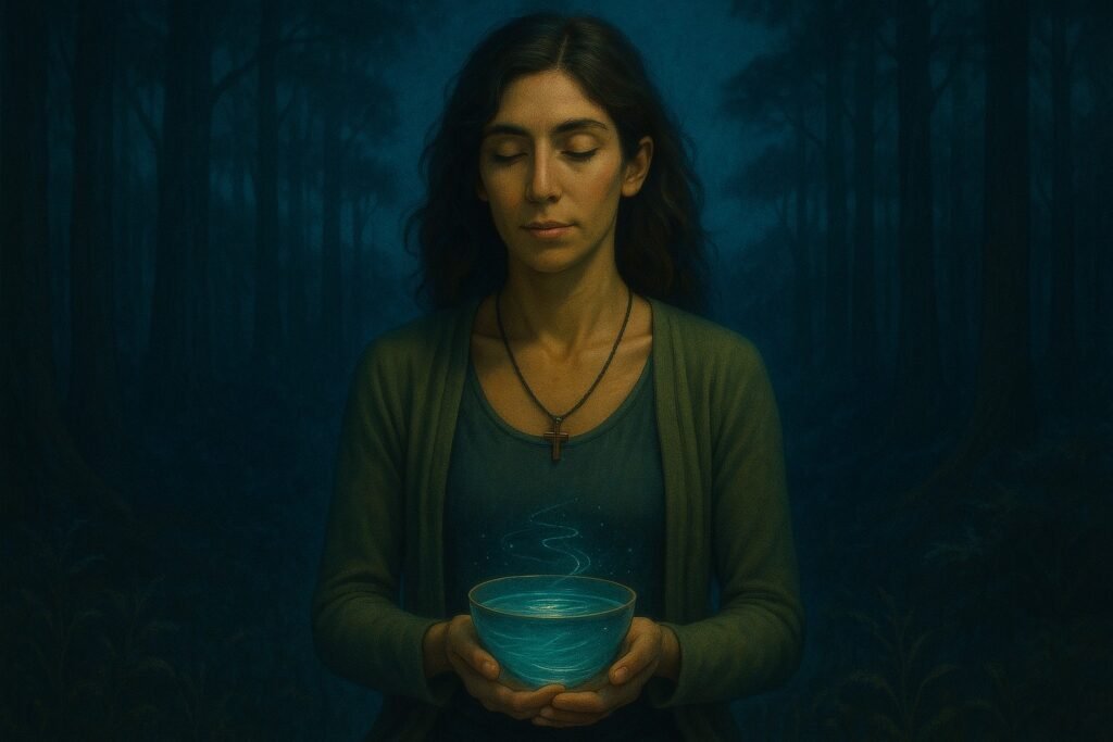 A serene digital painting of a young woman with wavy brown hair and light olive skin standing in a twilight forest. She holds a glowing bowl of water in both hands, with soft, moon-light, blue-green tones surrounding her.