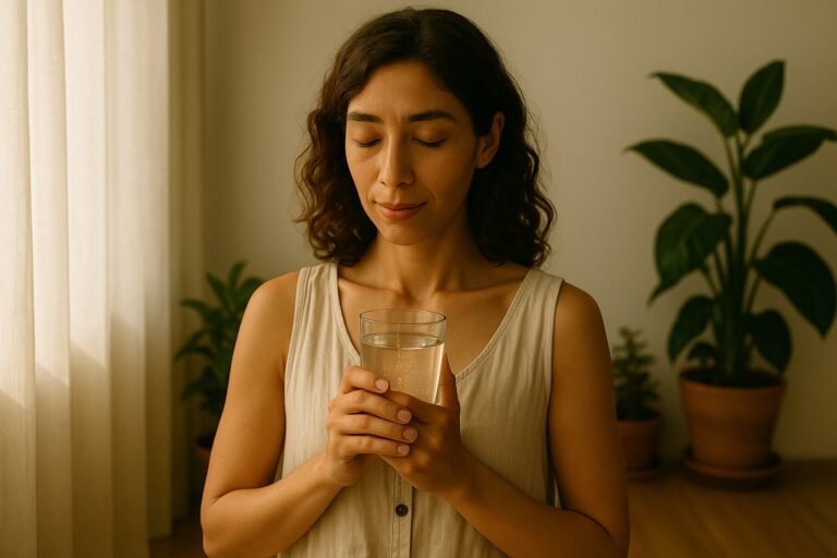 A young woman with shoulder-length wavy brown hair and light olive skin holds a clear glass of water close to her heart while standing near a softly lit window. She wears natural-toned clothing and appears serene, with her eyes half-closed in a moment of gratitude.