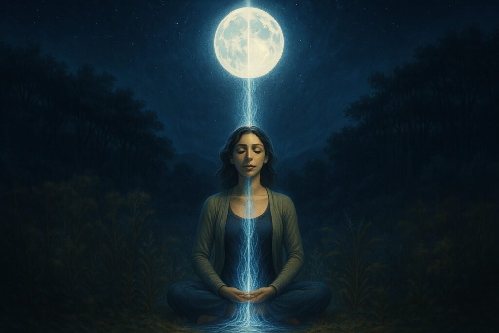 A mystical artwork of a woman meditating outdoors at night under a bright full moon. A beam of blue-white energy connects the moon to the top of her head and flows downward through her body. She sits cross-legged with a calm expression, surrounded by dark trees and illuminated by moonlight.