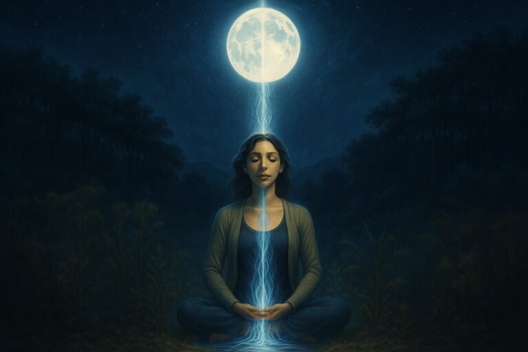 A mystical artwork of a woman meditating outdoors at night under a bright full moon. A beam of blue-white energy connects the moon to the top of her head and flows downward through her body. She sits cross-legged with a calm expression, surrounded by dark trees and illuminated by moonlight.