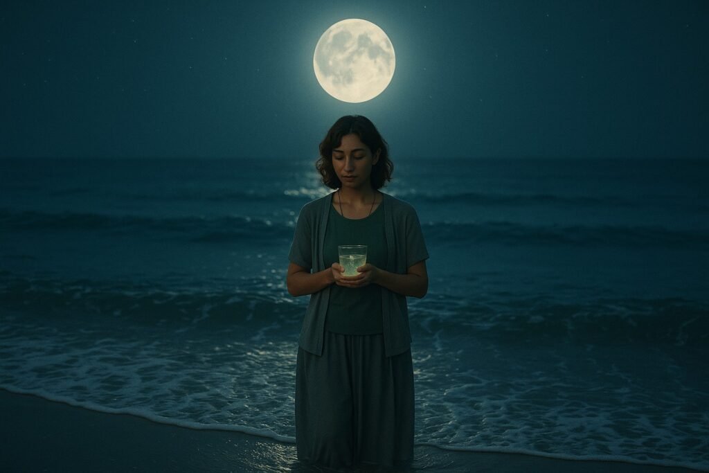 A serene woman with wavy brown hair and a light-olive complexion stands at the edge of the sea under a full moon, holding a softly glowing glass of water. Moonlight reflects on the waves as she gazes downward in peaceful contemplation.