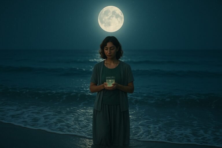 A serene woman with wavy brown hair and a light-olive complexion stands at the edge of the sea under a full moon, holding a softly glowing glass of water. Moonlight reflects on the waves as she gazes downward in peaceful contemplation.