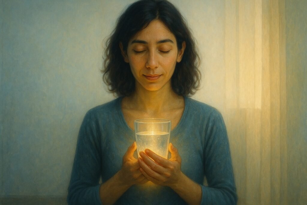 A serene digital painting of a woman with shoulder-length wavy brown hair and a light olive complexion holding a glowing glass of water close to her chest. Soft natural light fills the minimalist room, creating a peaceful and intimate atmosphere.