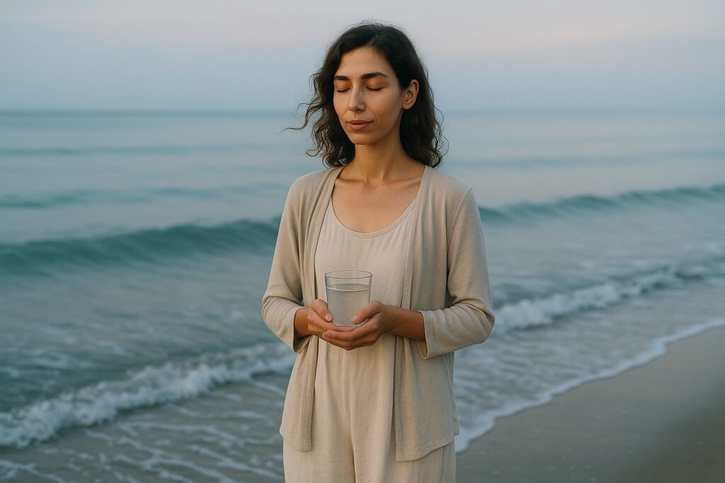 A tall woman with shoulder-length wavy brown hair and light olive skin stands peacefully by the shoreline at dawn, eyes closed, surrounded by soft blue-grey light and gentle ocean waves.