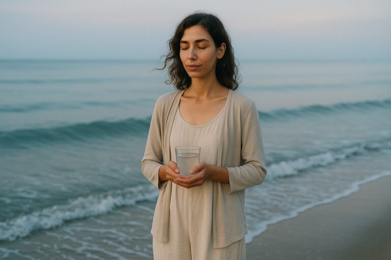 A tall woman with shoulder-length wavy brown hair and light olive skin stands peacefully by the shoreline at dawn, eyes closed, surrounded by soft blue-grey light and gentle ocean waves.