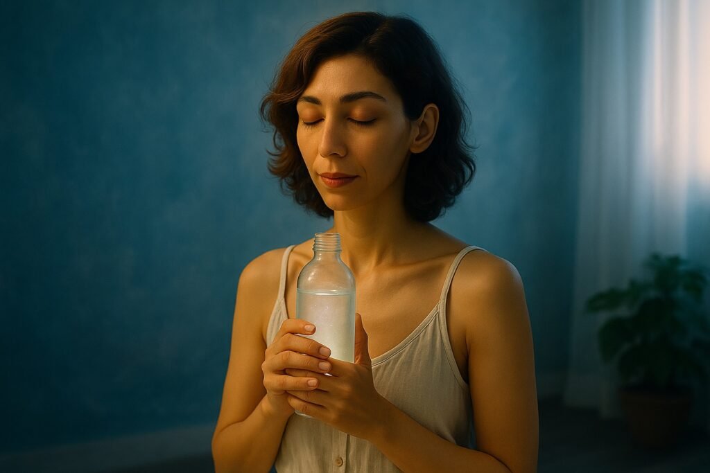 A serene woman with light olive skin and wavy brown hair stands in soft morning light, holding a glowing glass bottle of water close to her heart with her eyes gently closed.