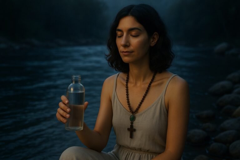 A serene woman with light-olive skin and wavy brown hair sits peacefully beside a flowing river at dusk, eyes closed and holding a glass bottle of water.