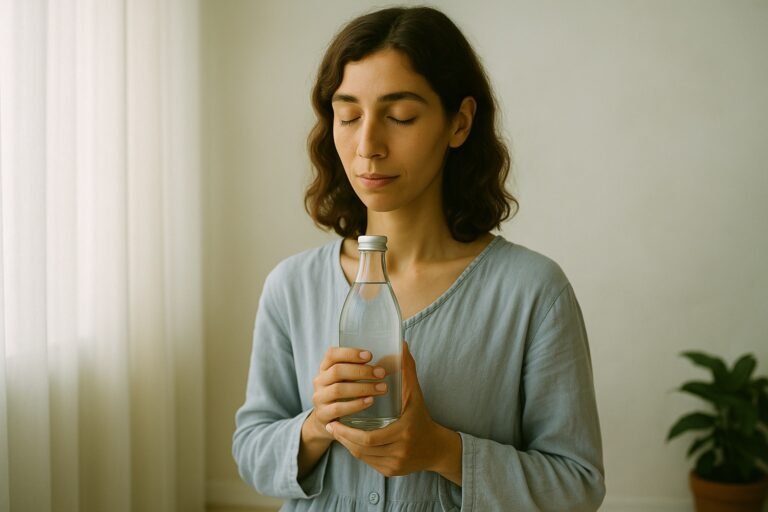A serene woman with light-olive skin and wavy brown hair stands near a softly lit window, holding a glass bottle of water close to her chest with a peaceful, introspective expression.