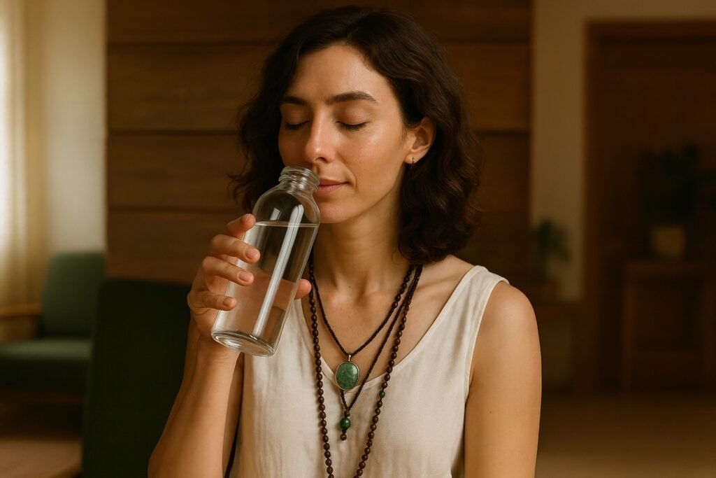 A young woman with wavy brown hair holds a clear glass water bottle near her face with her eyes closed, appearing calm and mindful. She wears layered wooden bead necklaces and a light linen top, standing in a warm, natural indoor setting.