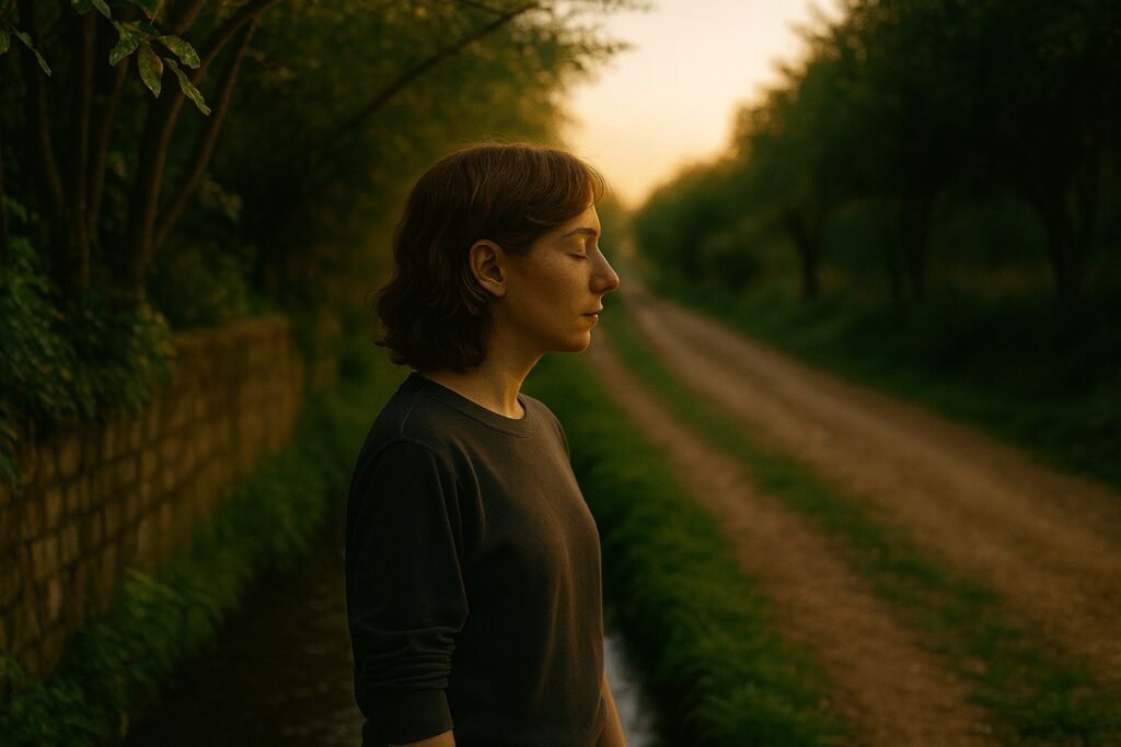 A woman standing peacefully by a narrow stream at sunset, eyes closed in meditation, surrounded by soft golden light and greenery.