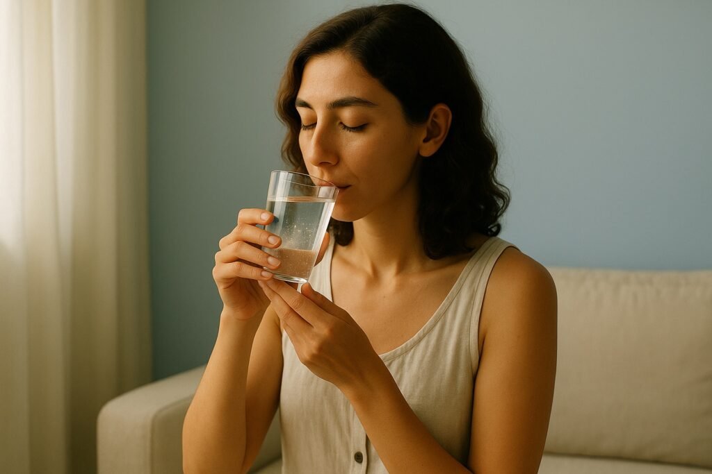 A serene young woman with shoulder-length wavy brown hair and a light olive complexion, gently sipping water from a clear glass. Soft natural light fills the minimalist room, creating a calm and reflective atmosphere.