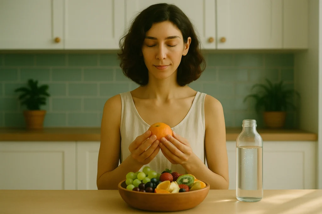 A serene portrait of a woman with wavy brown hair and light olive skin standing in a minimalist kitchen, gently holding a mandarin over a wooden bowl of fresh hydrating fruits. Soft morning light highlights her calm, grateful expression as water-rich fruits glow around her.