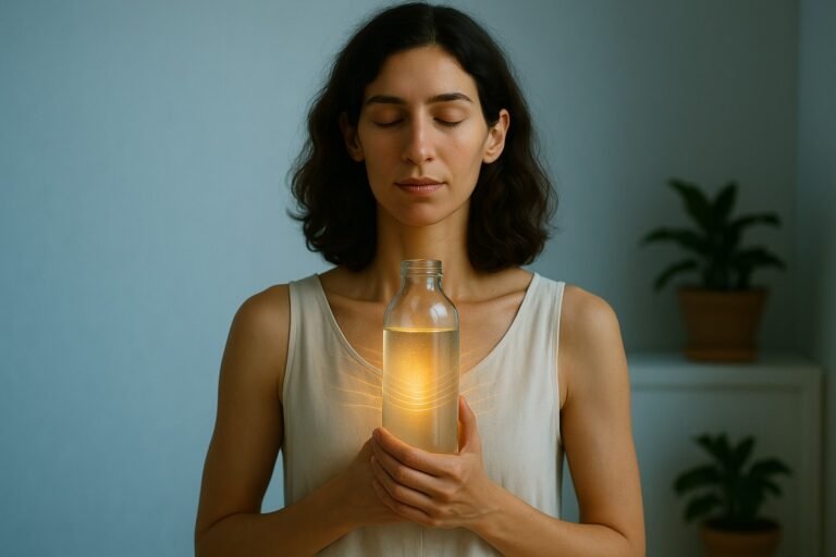 A serene portrait of a tall, slender woman with light olive skin and wavy brown hair, holding a glass bottle of water close to her heart with her eyes closed. Soft morning light surrounds her, creating a peaceful, spiritual atmosphere.
